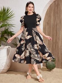 SHEIN Đầm suông hở lưng họa tiết lá và hoa dáng chữ A thanh lịch cho bé gái tuổi teen - màu đen - Xem 4