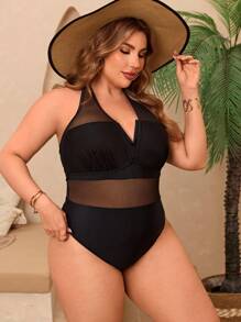 SHEIN Swim Curve 大码女式连体纯色吊带系带网眼拼接海滩度假比基尼泳装 - 黑色 - 查看 3