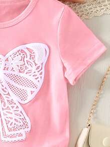 女童休闲时尚蝴蝶结印花圆领修身短袖百搭 T 恤 - 粉色 - 查看 3