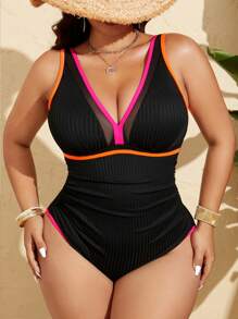 Swim Lushoire Plus Size Women 2pcs Black Ribbed Deep V-Neck Wide Strap Mesh Panel One Piece Swimsuit, Suitable For Summer Beach Holiday - Black - View 6