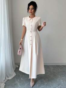 Chiquease 女式纯色彼得潘领泡泡袖单排扣迷你连衣裙 - 白色 - 查看 7