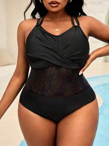 SHEIN Swim Curve 1 件大码女式黑色交叉 V 领镂空蕾丝拼接连体泳衣 - 黑色 - 查看 5