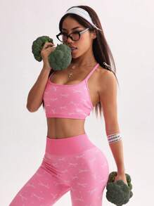 SHEIN Sport Studio Women's Bow Printed Halter Top And Sweatpants Sports Suitwomen Workout Set