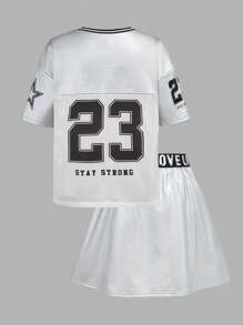 Tween Mädchen Street Style Stricknetzstoff Bedrucktes V-Ausschnitt Kurzarm-Top & Faltenrock 2 Stücke Set, Y2K Fashion Punk Style, süß & cool, Zurück zur Schule