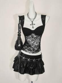 SHEIN ICON 女士时尚褶皱蕾丝后背结饰吊带背心