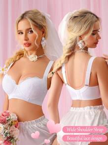 Women's Lace Wedding Lingerie, Soft Comfortable Wide-Strap Padded Adjustable Support Bra With Underwire, 1pc - White - View 6
