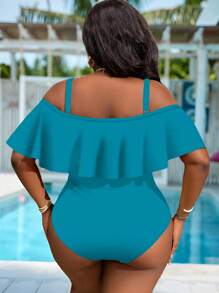 Slaydiva Traje de baño de una pieza con hombros descubiertos y volantes de unicolor para mujer de talla grande - Azul menta - Ver 2