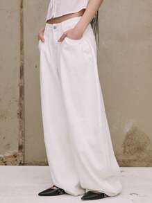 COUREZ Celana Jeans Unisex Wanita Pria Model Y2K Model Barrel Balloon Fit Low Rise Vintage 100% Katun - Putih - View 2