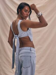 MUSERA Washed Denim Seam Detail Cropped Sleeveless Top Summer Cute Chic Spring - Light Wash - View 3