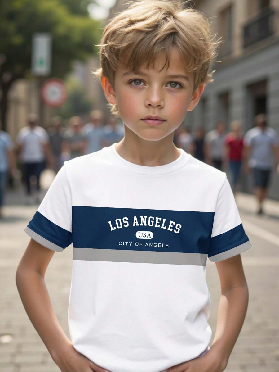 Young Boy Letter Print Round Neck Short Sleeve Casual T-Shirt - Black - View 1