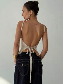 Aloruh Débardeur tricoté dos nu sexy pour femmes, couleur abricot, adapté pour les vacances