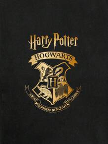 HARRY POTTER X SHEIN Heren ronde hals zwart casual T-shirt met eenvoudige grafische Engelse badge-print, comfortabel voor de zomer