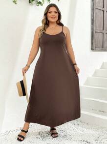 SHEIN CURVE+ 超大码基本款黑色细肩带连衣裙，春夏 - 咖啡棕 - 查看 9