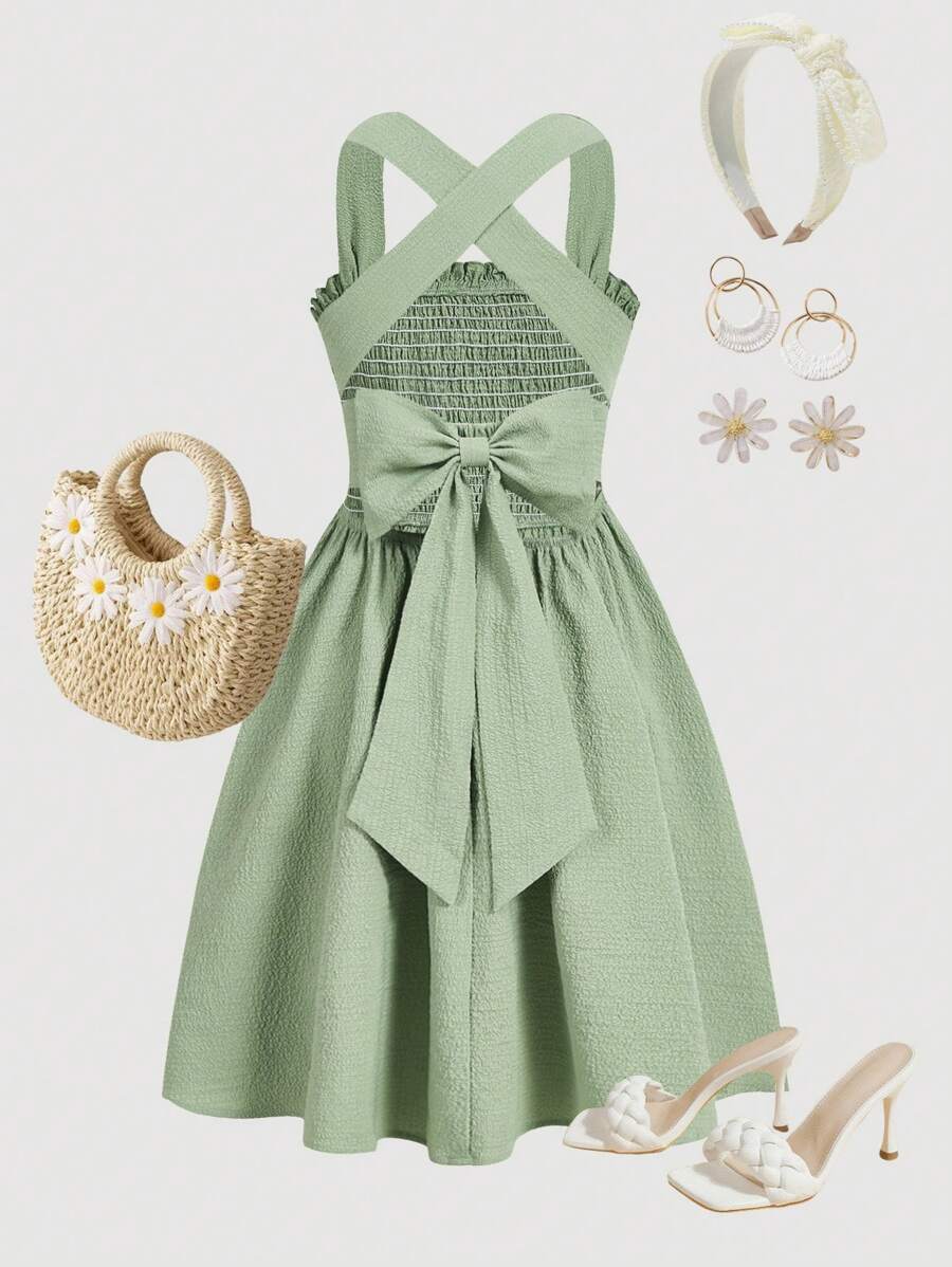 SHEIN Girlism Vestido sin mangas con tirantes cruzados, gran lazo decorativo y espalda abierta para niña preadolescente - Verde - Ver 1