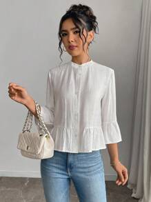 Gloray Áo sơ mi đơn hàng ngày tay chuông màu trơn dành cho nữ - trắng - Xem 6