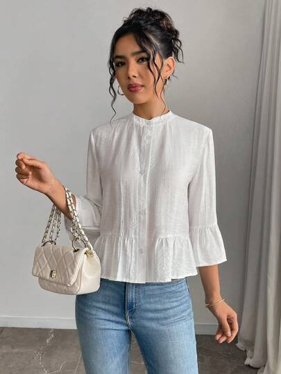 Gloray Camisa casual de mujer de un solo pecho de unicolor con mangas de campana
