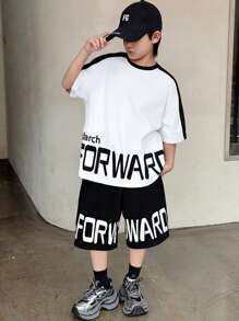 SHEIN 2pcs/Set Teenager Boys Casual Black & White Contrast English Graphic Print Short Sleeve T-Shirt & Shorts Set, Street Punk Rock Preppy Daily Outdoor Party Music Festival, Suitable For Spring & Summer