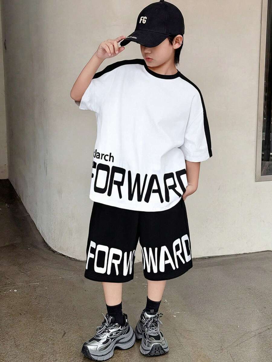 SHEIN 2pcs/Set Teenager Boys Casual Black & White Contrast English Graphic Print Short Sleeve T-Shirt & Shorts Set, Street Punk Rock Preppy Daily Outdoor Party Music Festival, Suitable For Spring & Summer