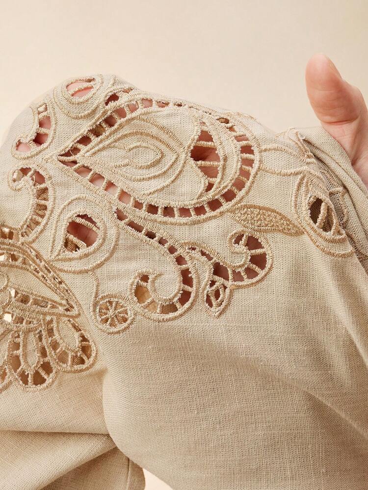 Oldmoney Business Casual Women Elegant Commute Linen Woven Hollow Embroidered Round Neck Long Sleeve Blouse, Spring