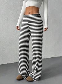 CovetEZ Women's Striped Straight Leg Loose Casual Versatile Pants Women Wide Leg Pants - Black and White - View 4