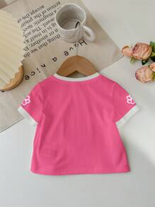 SHEIN Cute Cartoon Cat, Bow & Cat Paw Print Colorblocked Short Sleeve Casual Round Neck Top For Baby Girl, Suitable For Summer - Multicolor - View 3