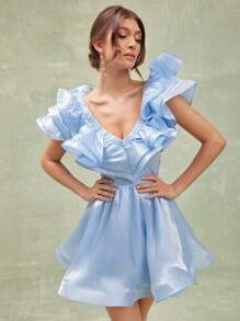 L'Amorae Elegant Ruffle Satin A Line Dress Simple Fashion Daily Casual