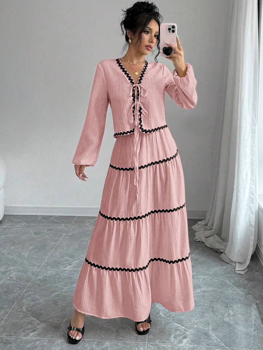 Rafferiza 2 件套：法式优雅灯笼袖纹理荷叶边蝴蝶结衬衫和裙子