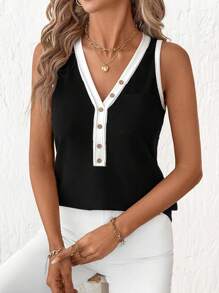 Ellevyn 女士 V 领无袖简约休闲背心，适合夏季 - 黑與白 - 查看 6
