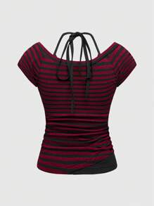 ROMWE Grunge Punk Women Sexy Y2K Style 2 In 1 V-Neck Striped Contrast Color Halter Tie Bowknot T-Shirt, Summer - Red - View 2