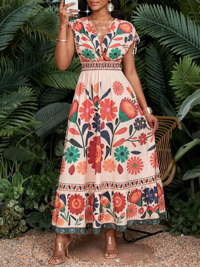 SHEIN Lady Vestido casual de manga corta con estampado floral cruzado y envolvente para vacaciones