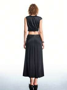 LYSMO 2025 New Arrival Summer Women's Matte Satin Asymmetrical One-Shoulder Knot Top And Knot Detail Skirt Set,Party Cloth - Black - View 2