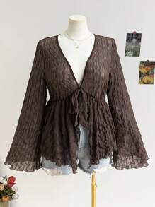 SHEIN WYWH 大码女式卡其色针织纹理网眼前开襟系腰喇叭袖衬衫 - 咖啡棕 - 查看 4