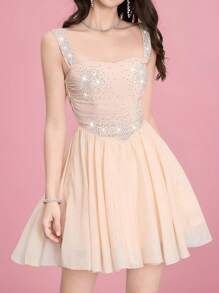 SHEIN Belle Women Sparkling Crystal Mini Cocktail Dress, Elegant Gown, Elegant Semi Formal Dress, Party Dress, Wedding Guest Dress, Prom Dress - Champagne - View 8