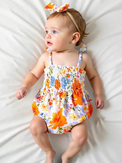 2pcs/Set Baby Girl Colorful Bunny Print Bodysuit + Bow Headband, Sweet & Cute, Suitable For Easter & Summer