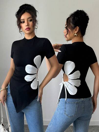 Islaluna Elegant Round Neck Asymmetrical Hem Black & White Floral Decor Drawstring Women T-Shirt