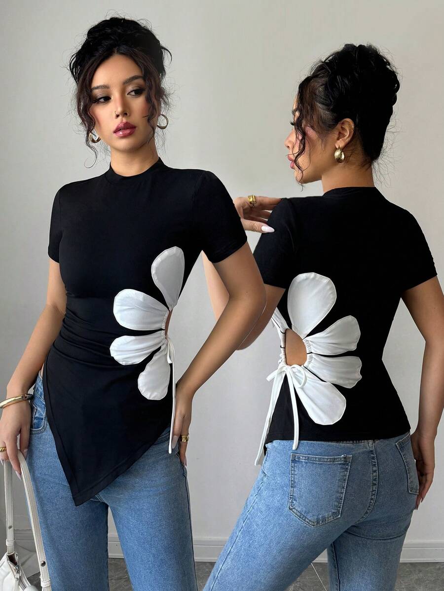Rafferiza Elegant Round Neck Asymmetrical Hem Black & White Floral Decor Drawstring Women T-Shirt - Black and White - View 1
