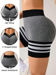 Seamluxe SHEIN Sport 无缝高弹力 V 型提背运动短裤骑行短裤 - 黑色 - 查看 2