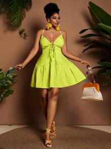 Maweii Plus Size Women Elegant Vacation Style Solid Color V-Neck Tie Waist Asymmetrical Ruched A-Line Mini Dress, Spring/Summer - Yellow - View 3