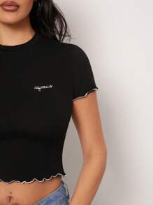 SHEIN Unity Top Aquarius Embroidered Astrology Star Sign Everyday Casual Streetwear Lettuce Hem Birthday Gift Cotton Thanksgiving Christmas NYE New Years Eve Outfits For Women T Shirt - Black - View 6