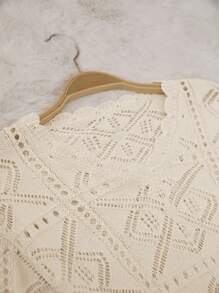 RueChic Women's Crochet-Style Knit Top With Geometric Patterns And Scalloped V-Neck In Cream - White - View 3
