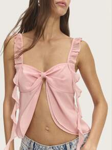Nöista Pastel Pink Top With Delicate Straps, Ruffled Hems, And Front Opening. Double-Layer Fabric For A Chic Vibe. Perfect For Summer, Vacations, Easter, Graduations, Or As Bride Day. - Baby Pink - View 5