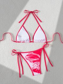 SHEIN Swim بيكيني للنساء قطعتين لملابس الشاطئ، ملابس علوية كشكشة ذات ظهر مكشوف ، وأسفل مربوط الجوانب، طباعة صيفية للعطلات والشواطئ - متعدد الألوان - مشاهدة 5