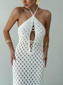 Aloruh New Summer Crochet Dress, Romantic Beach Resort Sexy Hollow Out Crochet Long Dress, Solid White Color Slim Fit Floor Length Beach Cover Up Dress - White - View 5