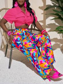 Slaydiva Summer Holiday Loose Short Sleeve Shirt With Collar And Front Pocket, Button Closure And Straight Leg Jumpsuit Set - Hot Pink - View 4
