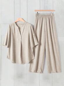 SHEIN LUNE Setelan Kemeja dan Celana Wanita Warna Polos Model V-Neck, Pakaian Kasual Sehari-hari, Pakaian Bisnis Kasual Wanita - Khaki - View 1