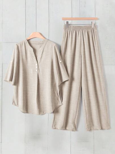 Rusticease 女士纯色 V 领衬衫和裤子套装，休闲日常穿着