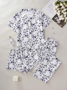 SHEIN 3pcs/Set Floral Print Ruffled Top & Shorts & Pants Home Pajamas Set Holiday Season - Blue - View 3