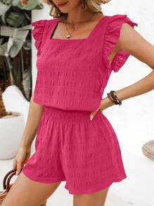 SHEIN VCAY 2pcs/Set Women Vacation Square Neck Cap Sleeve Shirt And Shorts Set - Hot Pink - View 6