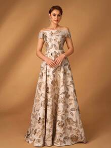 Serin Elegant And Luxurious Champagne Gold Jacquard Satin One-Shoulder Pleated Large A-Line Suitable For Dinner Bachelorette Party Dance Music Festival Holiday Wedding Event Dinner Dress Bride Mother Dress - Champagne - View 3