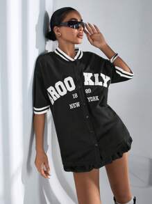 RueChic Letter Graphic Striped Trim Drop Shoulder Tee - Black - View 5